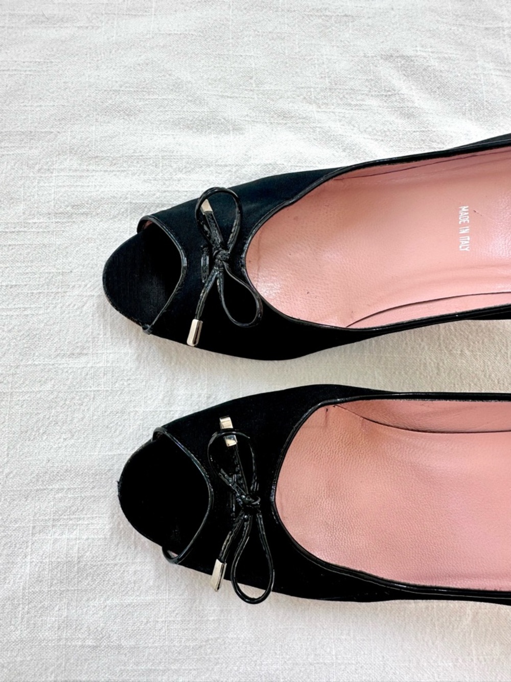 Vintage Made in Italy Black Kitten Heels Peep Toe Bow Pumps Size US 9 Coquette